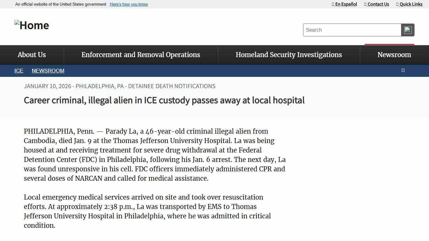 Career criminal, illegal alien in ICE custody passes away at local hospital ICE