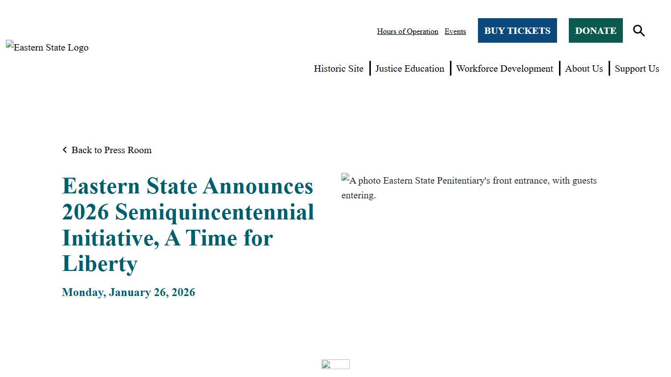 Eastern State Announces 2026 Semiquincentennial Initiative, A Time for Liberty Eastern State